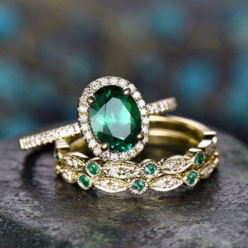 14k Yellow Gold Diamond Emerald Ring Band Set of 3 Rings - Picture 2 of 4